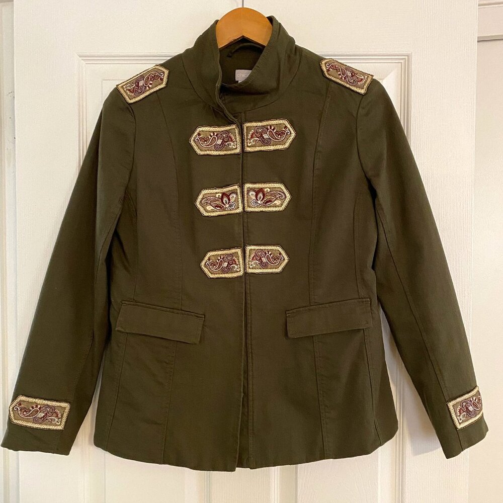 Beaded & Embellished Band Jacket, Olive Green, Chico's Size 0 (= 4 / 6)